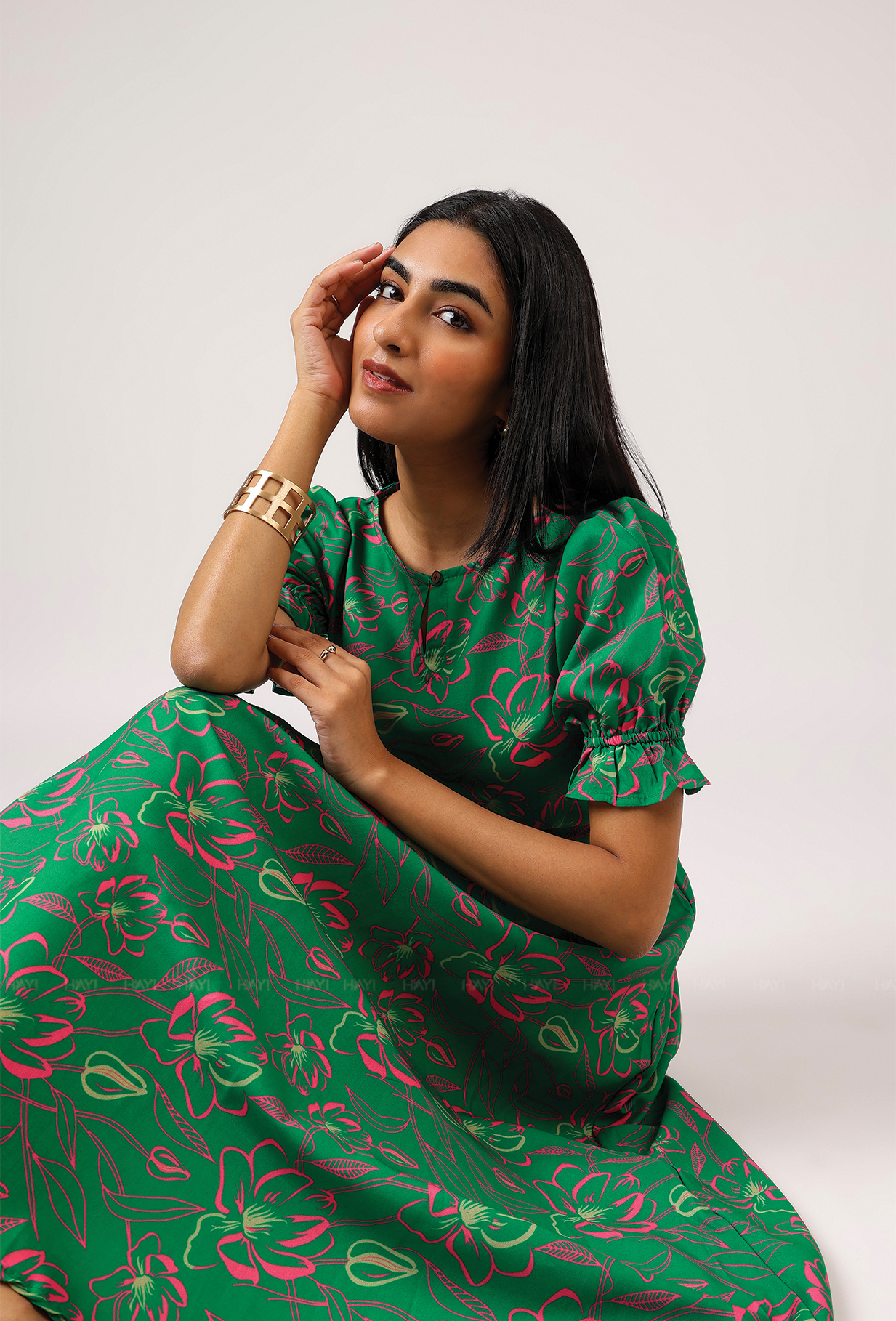 Ornate Green with Luminous Glimmer printed Cambric Blend Dress