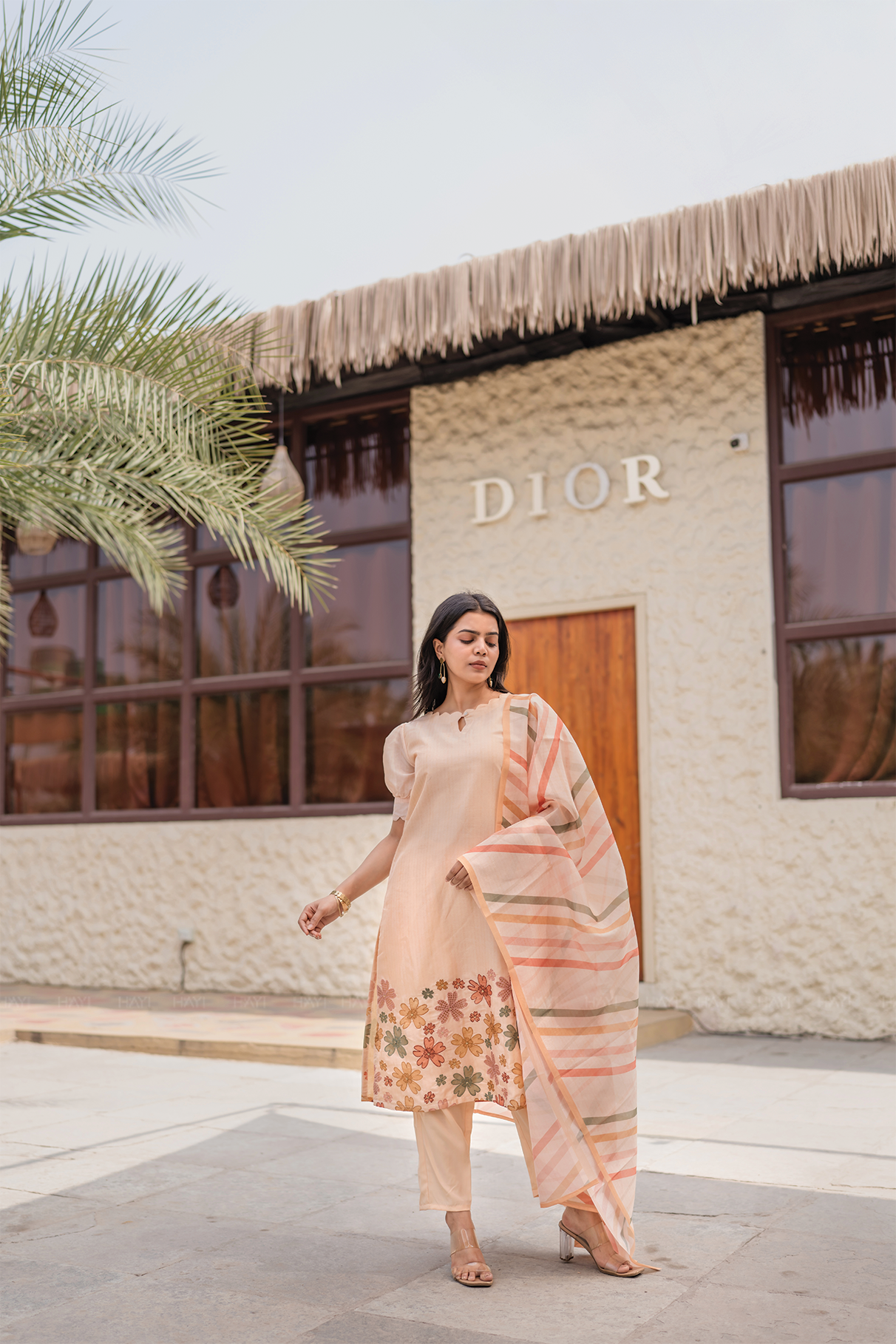 Buttercup Beige Embroidered 3 Piece Tissue silk blend Kurta with Pant & Dupatta