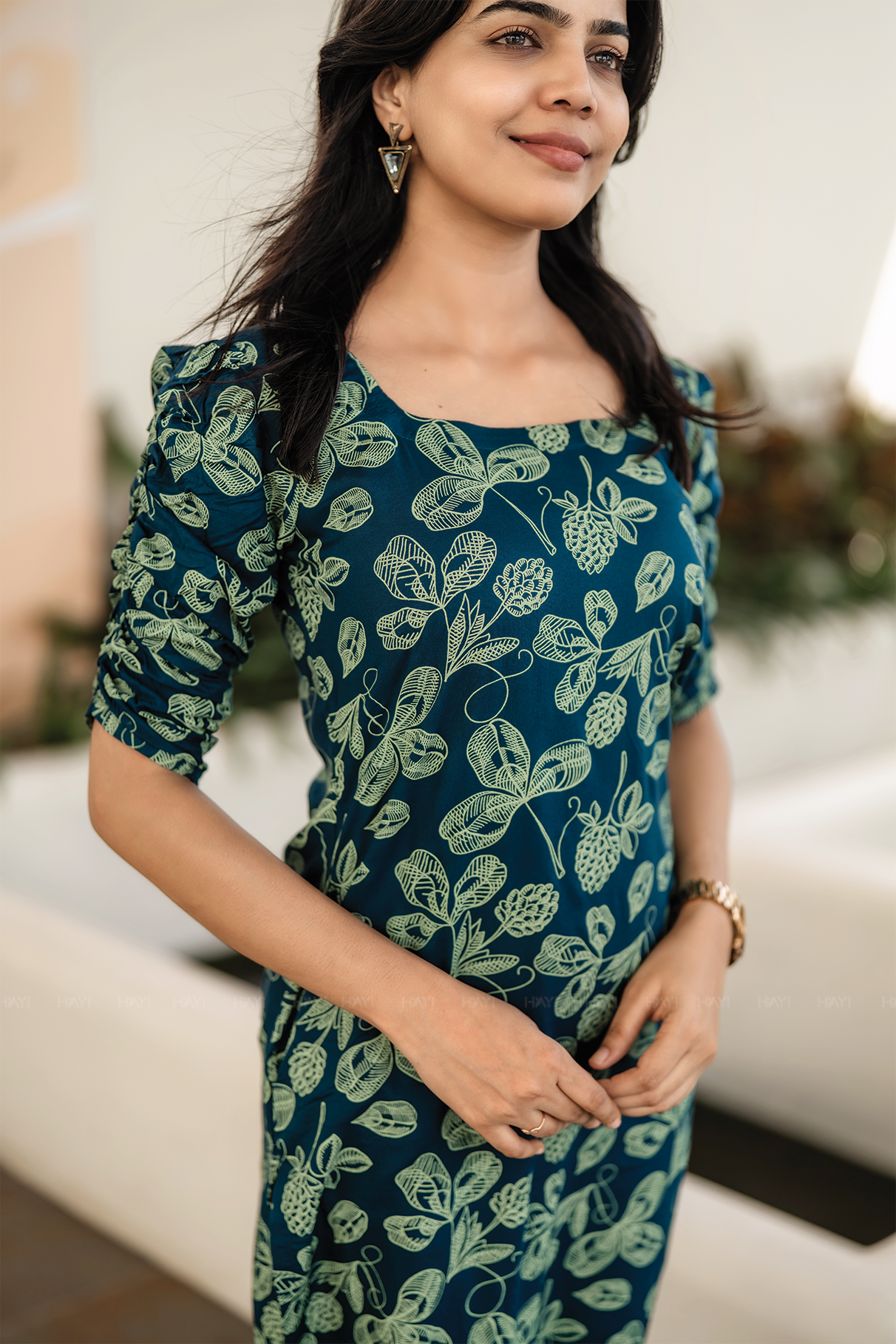 Pinecone Teal Blue Viscose Blend Kurti with Pot Neck & Puff Sleeves