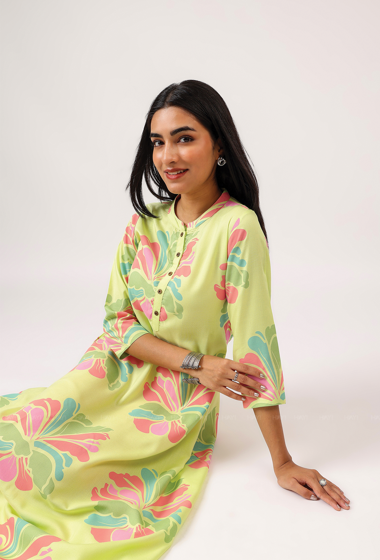 Gentle Lime with Blush Breeze printed Viscose A-line Dress