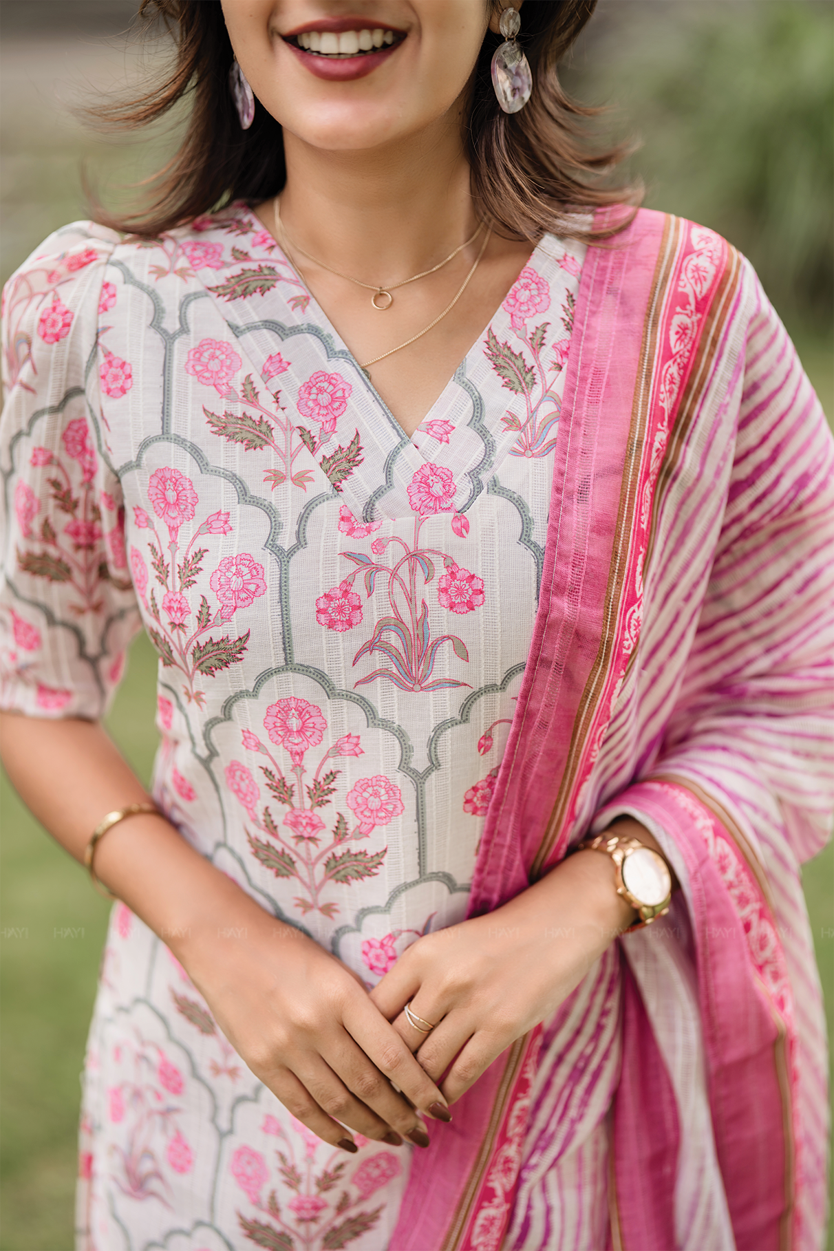 Bloomveil Half-White printed 2 Piece Linen Blend Kurta with Dupatta