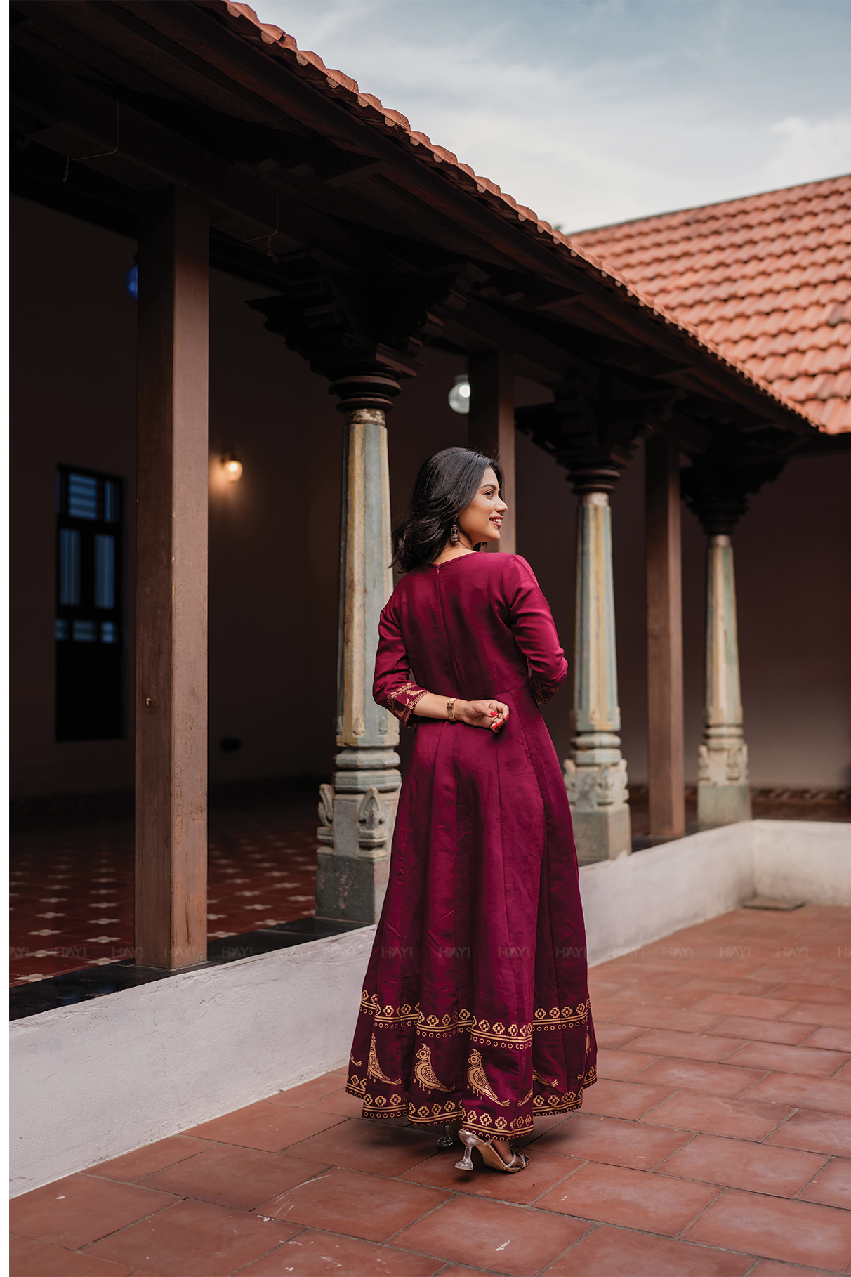 Birdveil Plum Viscose Placement Print Embroidered Anarkali with Round Neck & 3/4th Sleeves