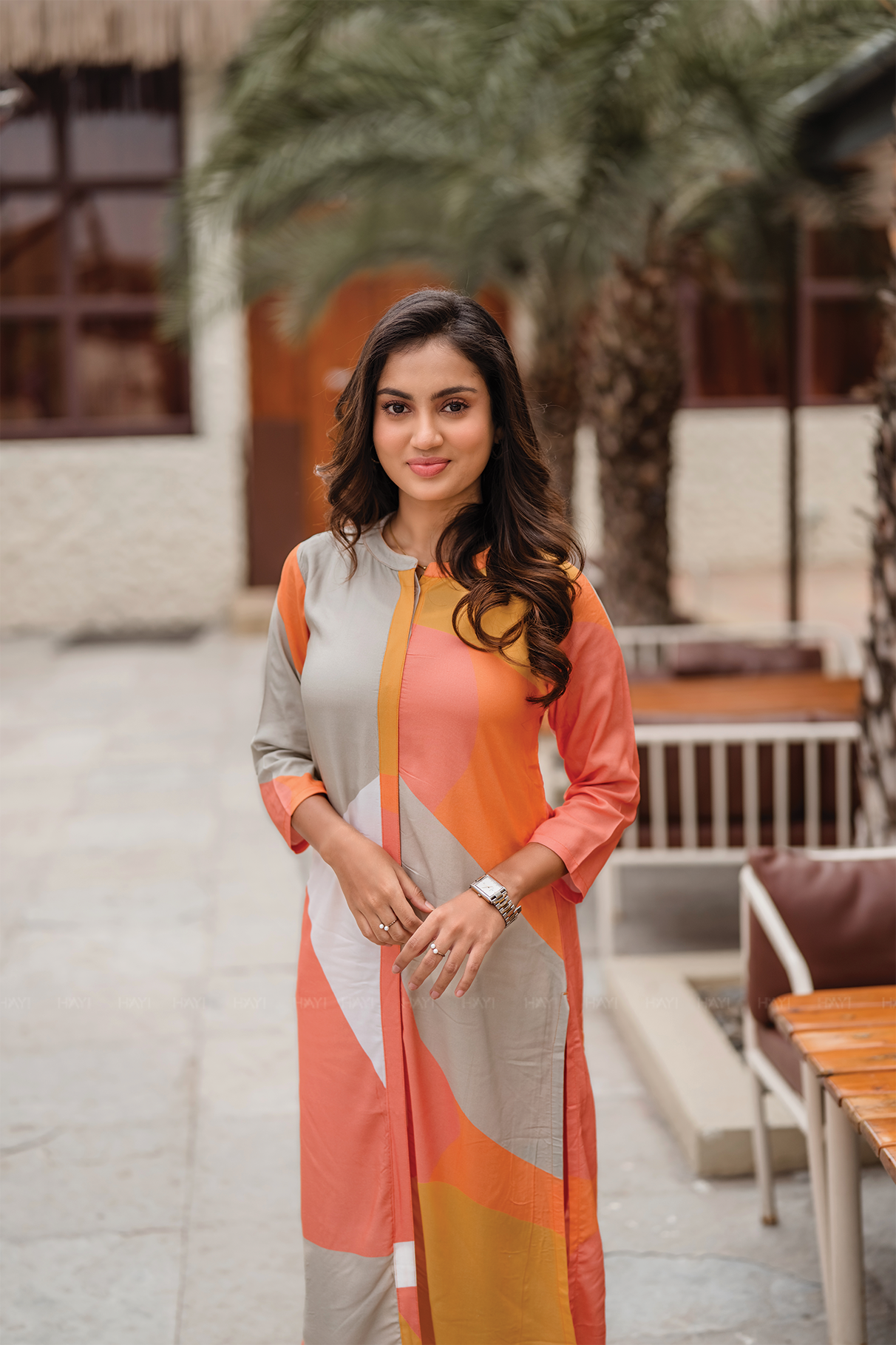 Rustic Rhythm Beige Viscose Co-ord with Chinese Collar & 3/4th Sleeves