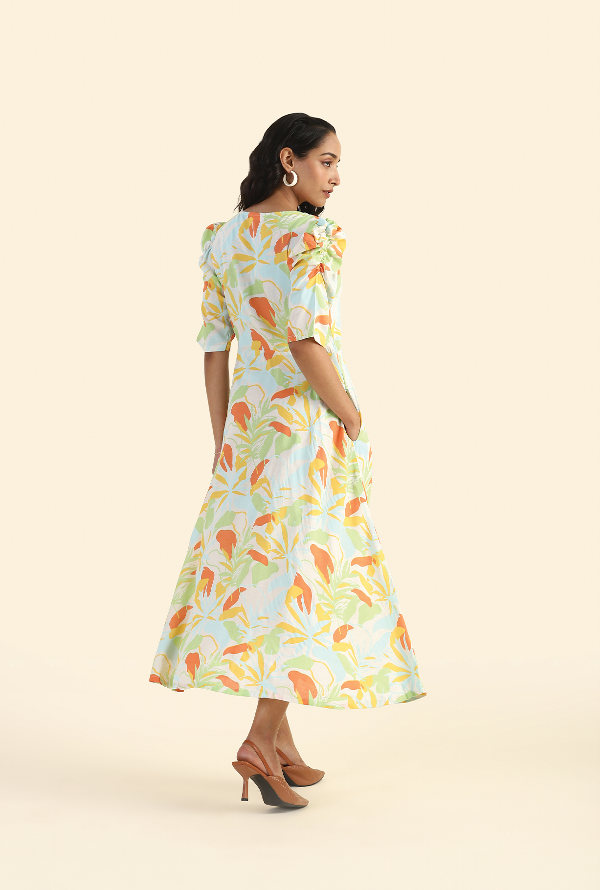 Pine Beige Evergreen elegance Printed Viscose Dress