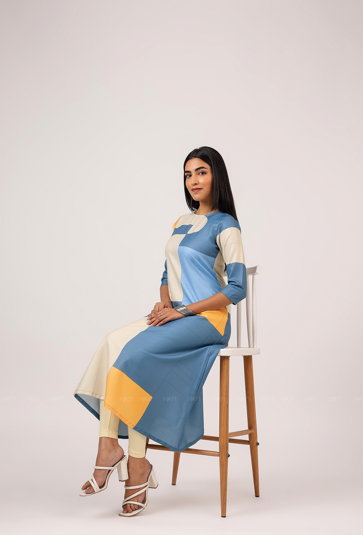 Cubed Blue with Grid Maze printed Linen Blend A-line Dress