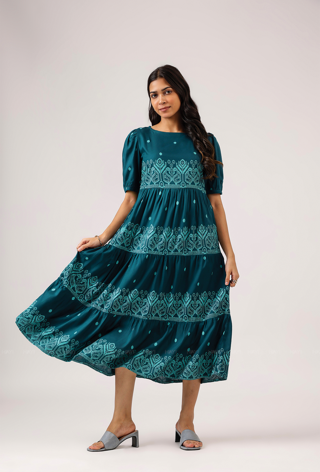 Fiesta Teal Green with Carnival Ikat printed Viscose Dress