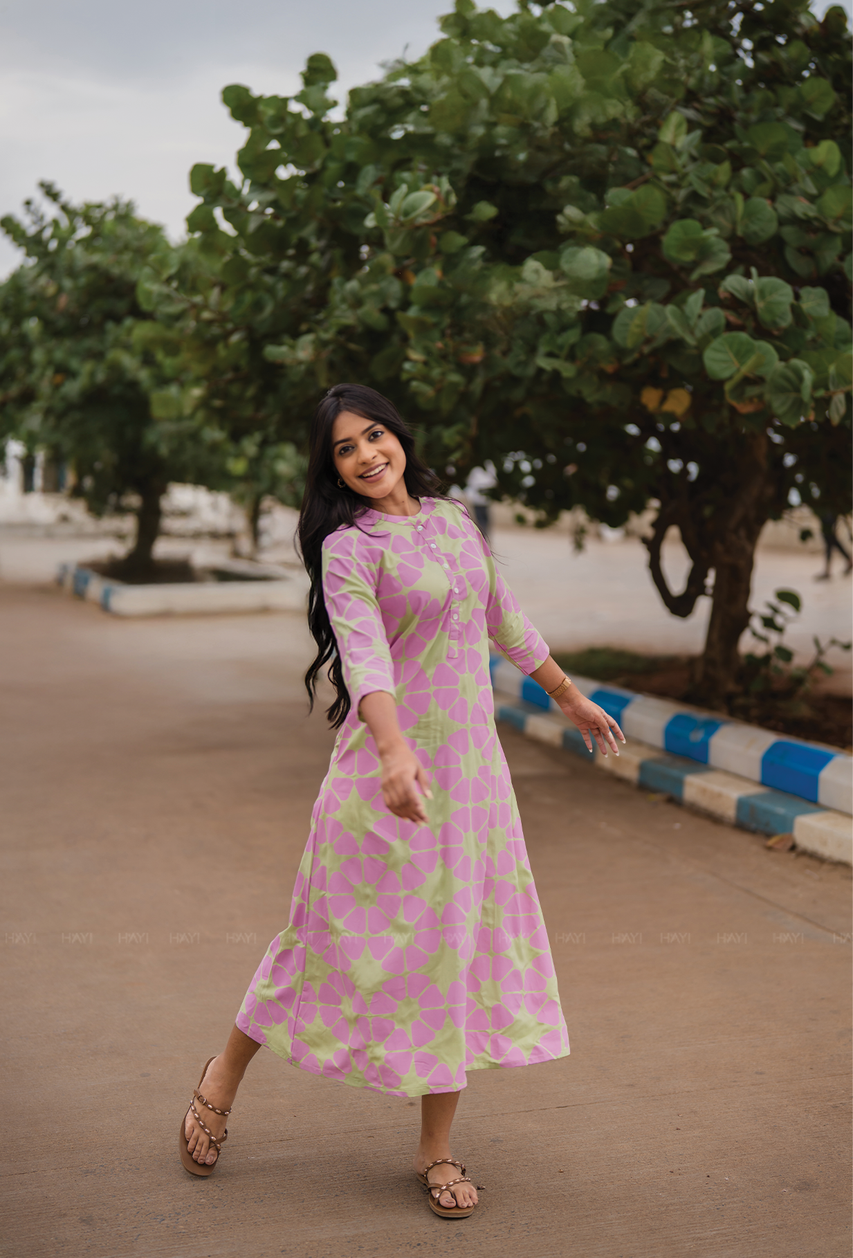 Light Green with Retro Bloom floral printed Viscose Dress