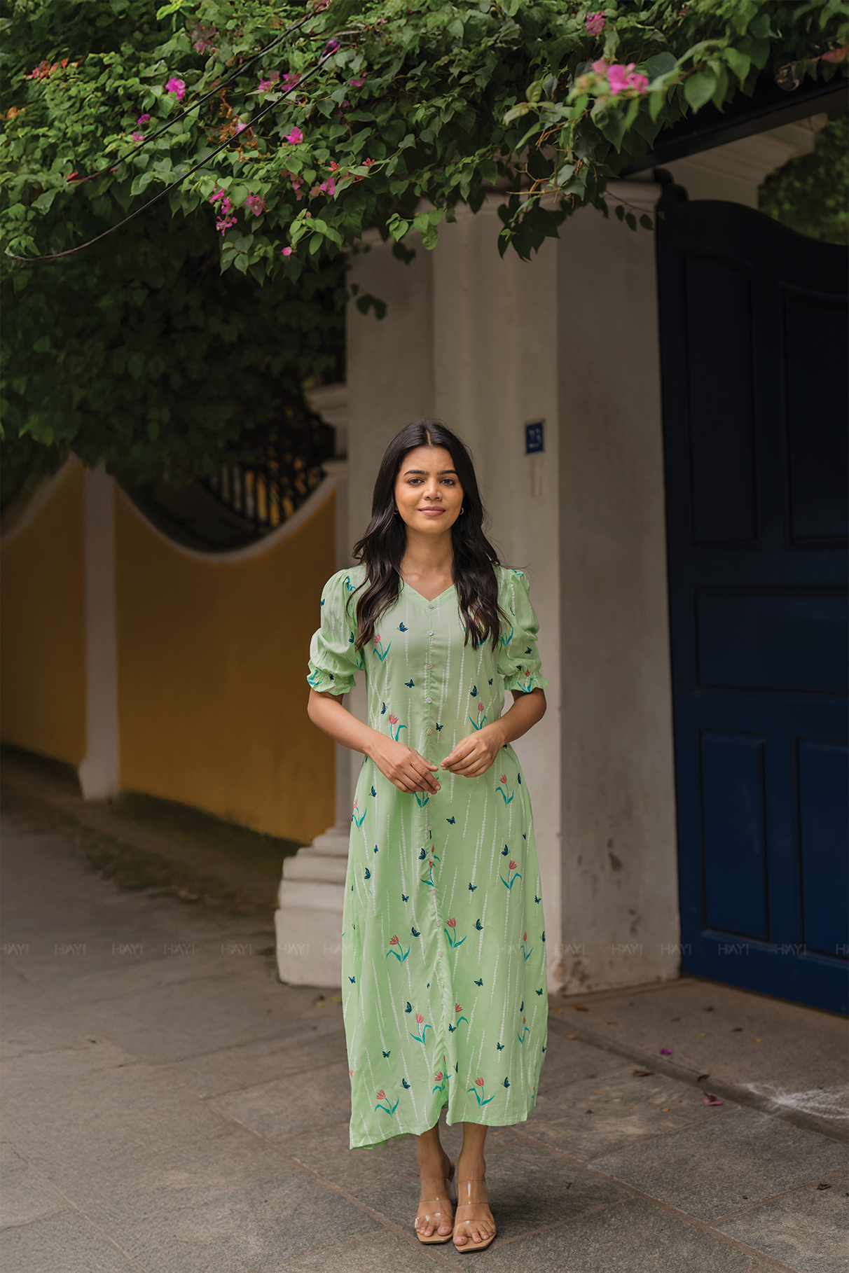Sage Green with Mint petal printed Viscose A-line Dress