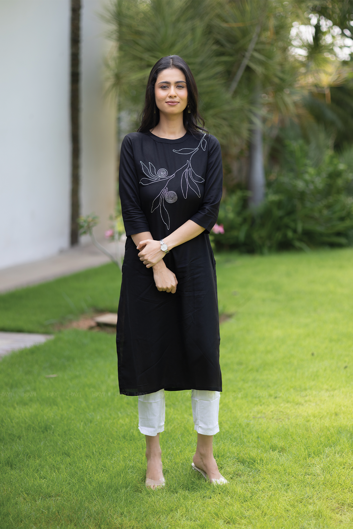 Dusk Noir Black Viscose Kurti with Closed Neck & 3/4th Sleeves