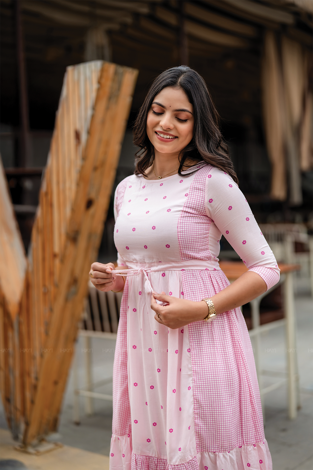 Pink Wink Viscose Dress with Boat Neck 3/4 Sleeves & Dual Print Design