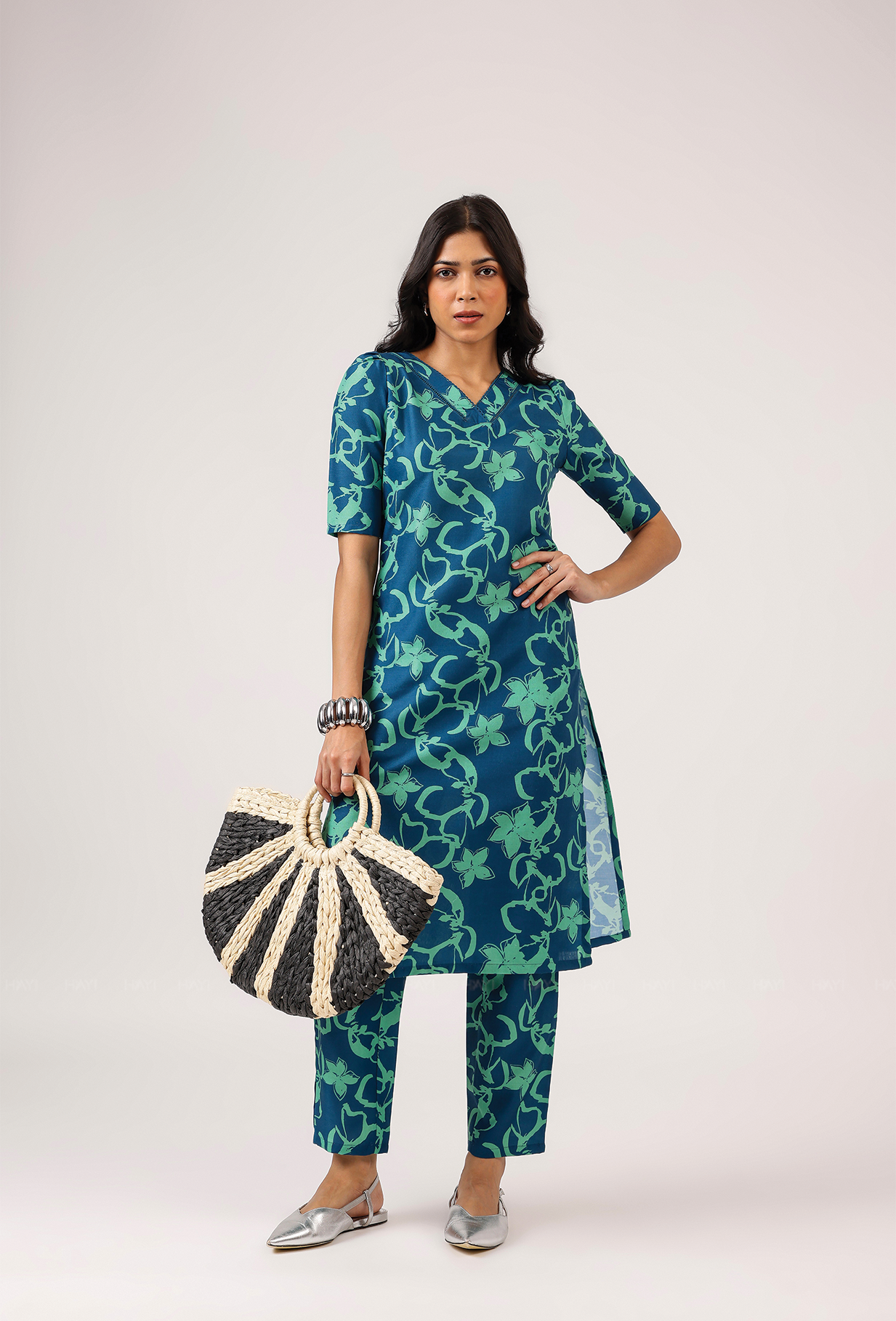 Cyan Teal Blue with Turquoise Petals printed Linen Blend Co ord set