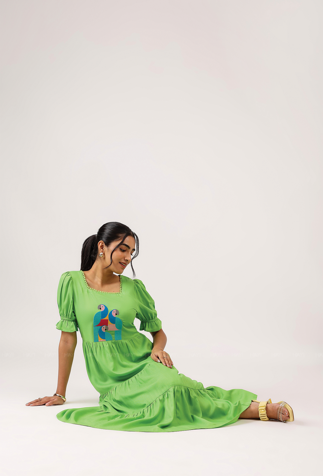 Hushed Green with Cubist Parrot embroidery Viscose Dress