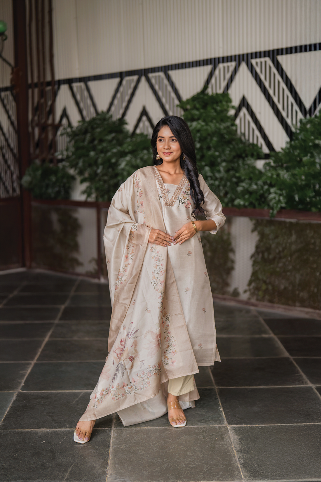 Ivory Grace Embroidered & Printed 3 Piece Tussar Silk Blend Kurti Set with Dupatta