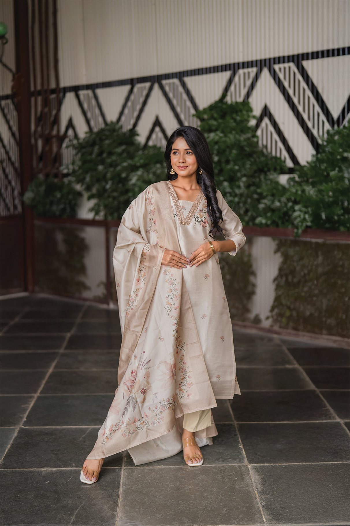 Ivory Grace Embroidered & Printed 3 Piece Tussar Silk Blend Kurti Set with Dupatta