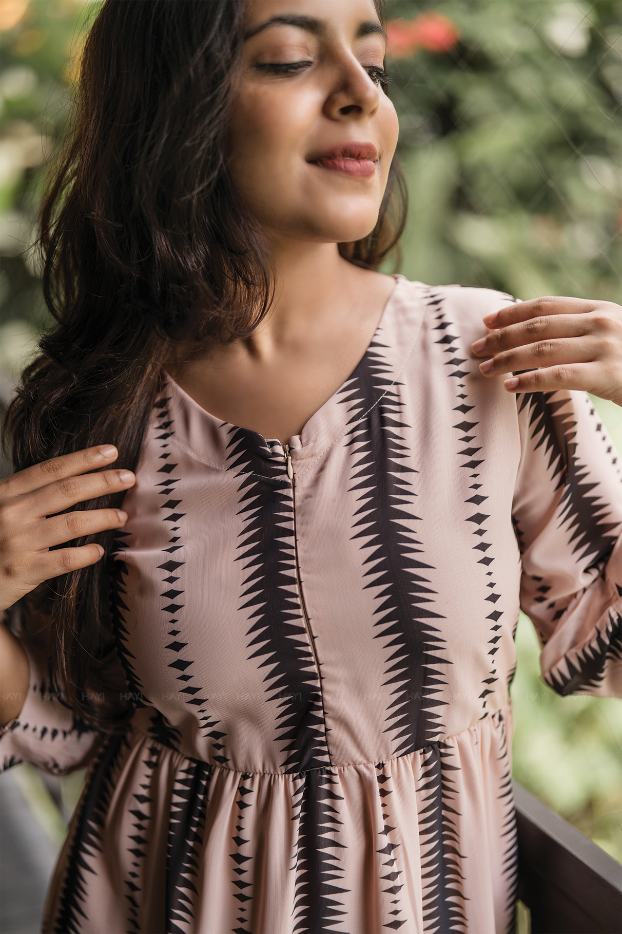 Fall Beige with Timeless Rhythm Printed Maternity and Feeding Lux Georgette Dress