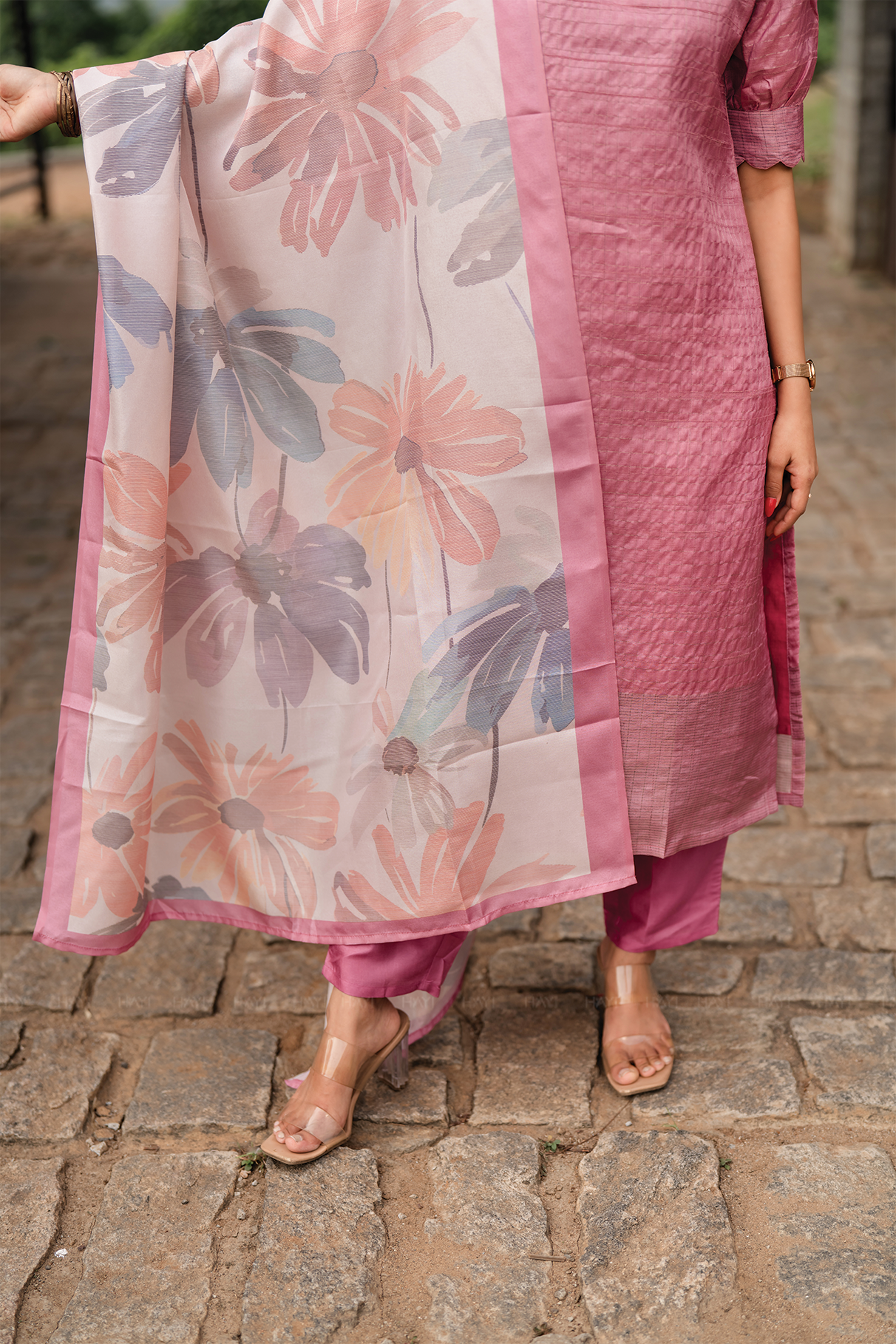 Radiance Mist Pink 3 Piece Tussar Silk Blend Printed Kurta with Pant & Dupatta