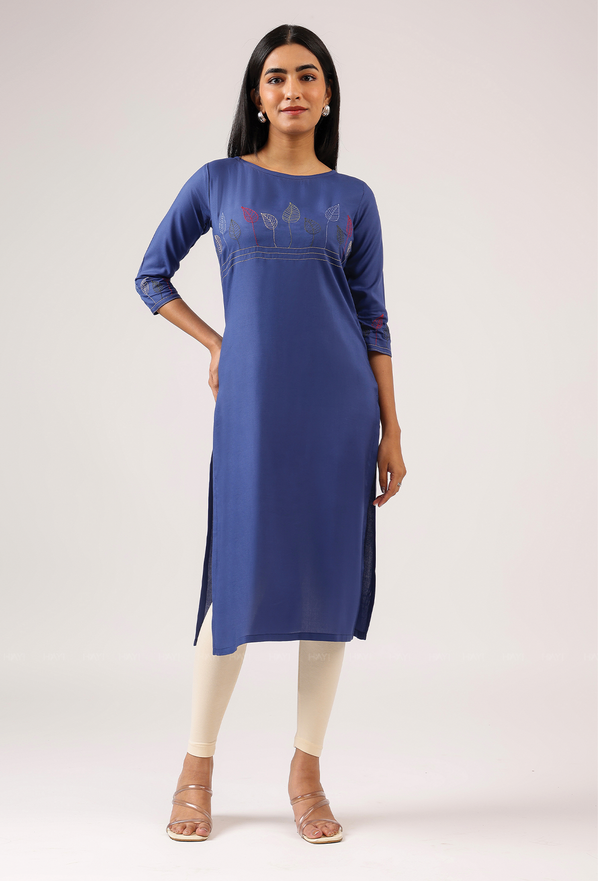 Drawn Blue with Ink Weave Leaf Embroidery Viscose Kurta