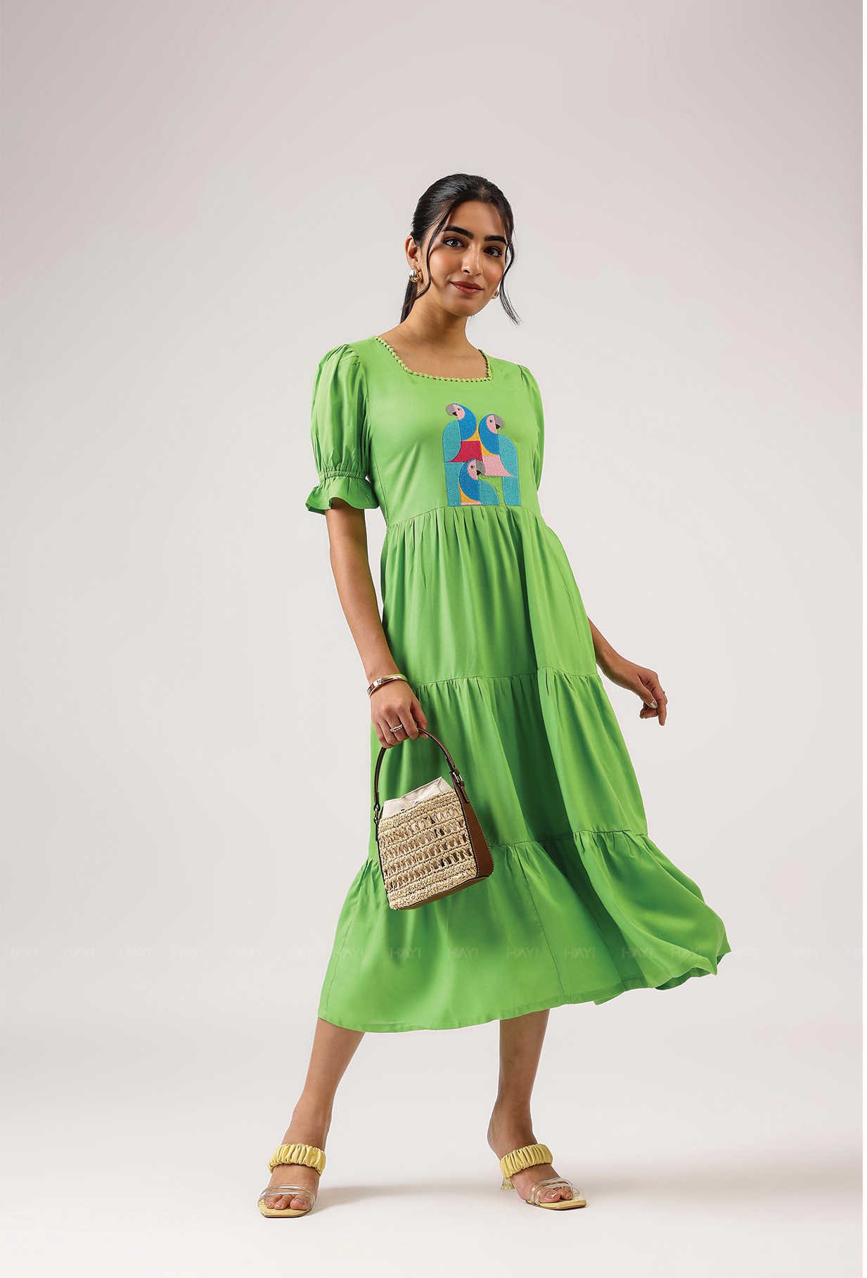 Hushed Green with Cubist Parrot embroidery Viscose Dress