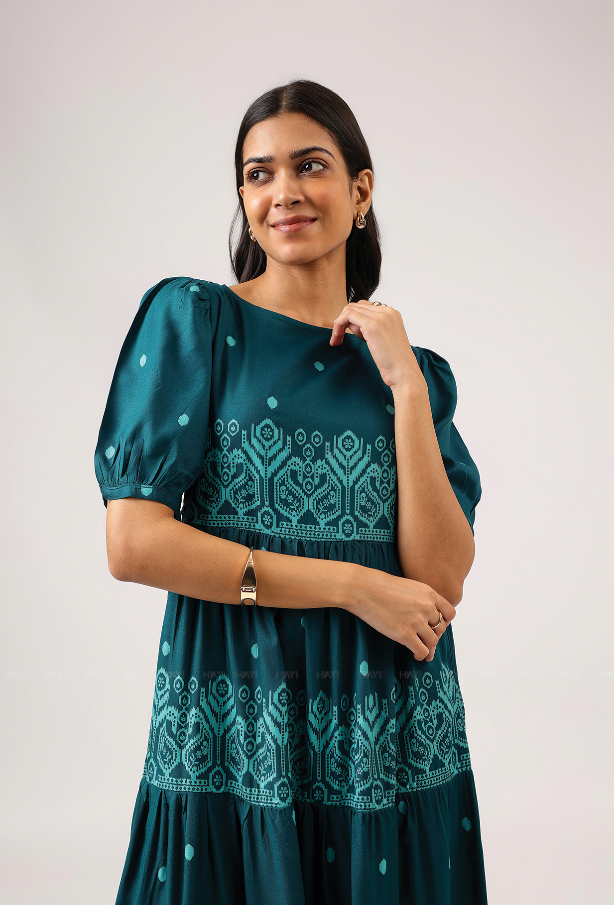 Fiesta Teal Green with Carnival Ikat printed Viscose Dress