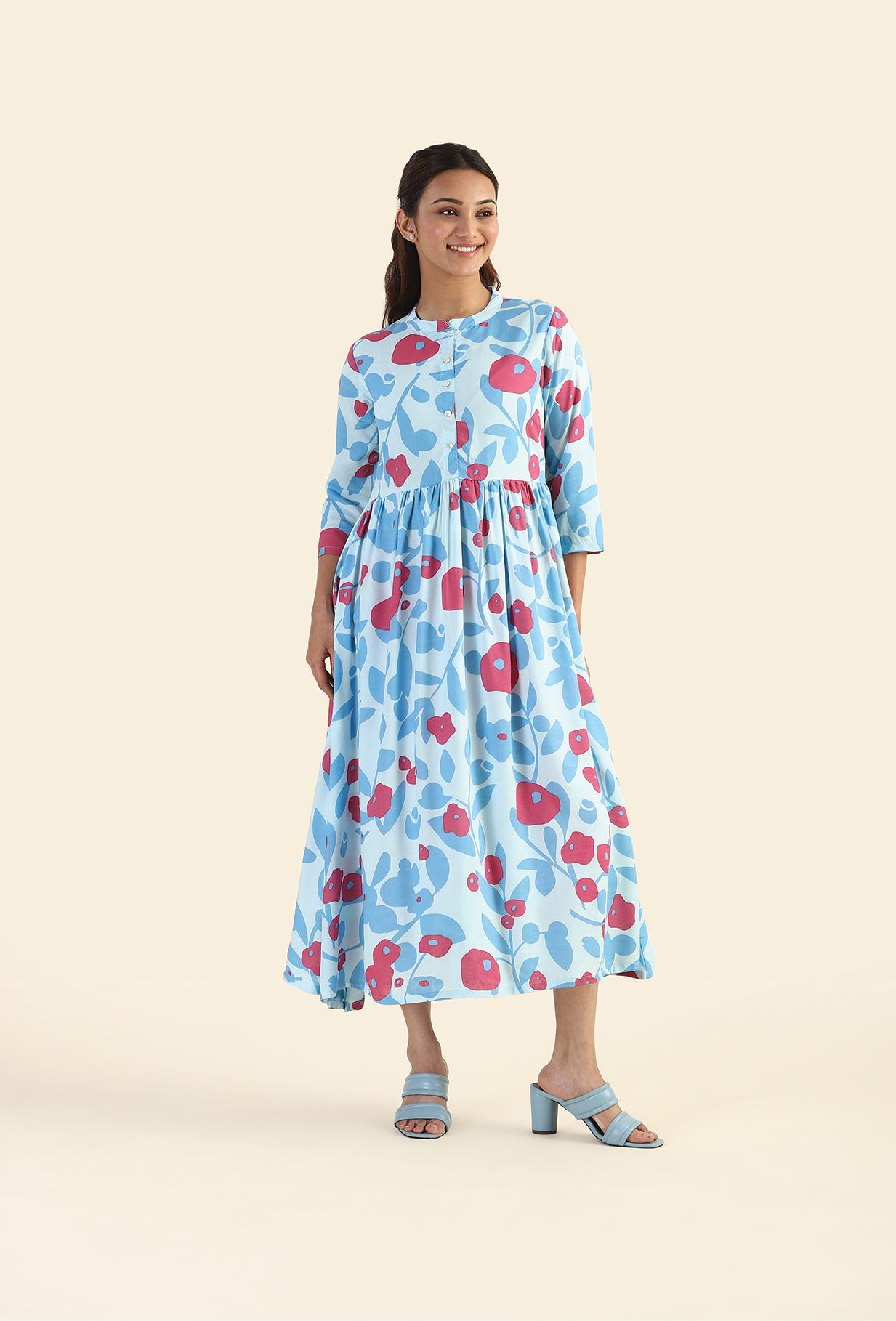 Shuttered Blue Fragmented Flowers Printed Viscose Dress