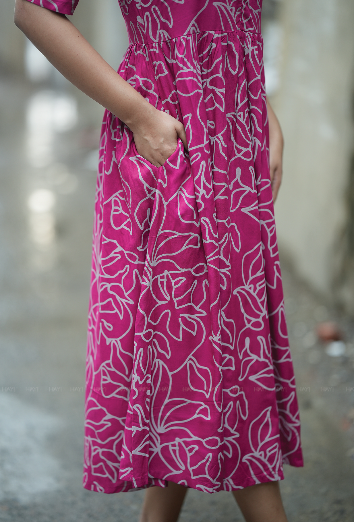 Dark Pink with Fuchsia Cluster floral printed Maternity and Feeding Dress