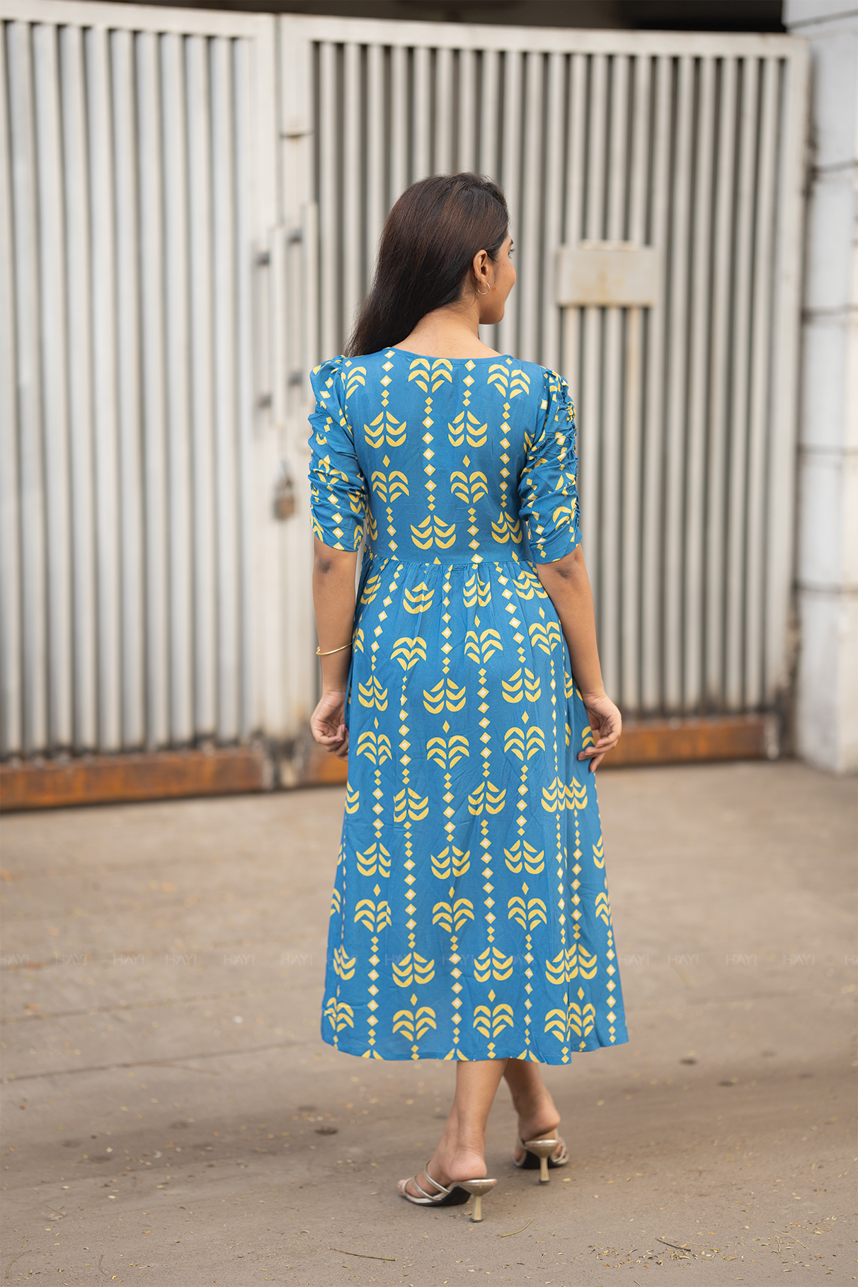 Rhythm Weave Blue Printed Maternity and Feeding Viscose Dress
