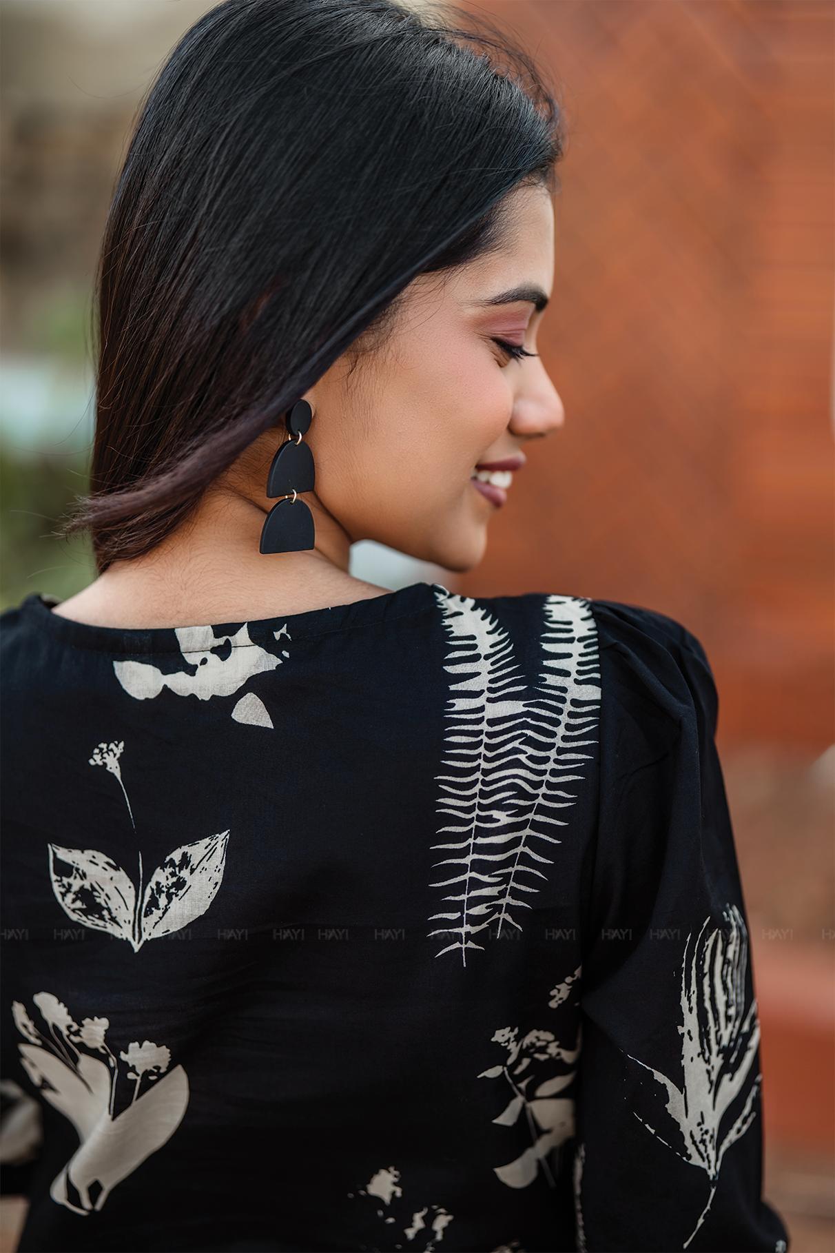 Fogblush Black Cotton Blend Co-ord with V-Neck & Light Puff Sleeves