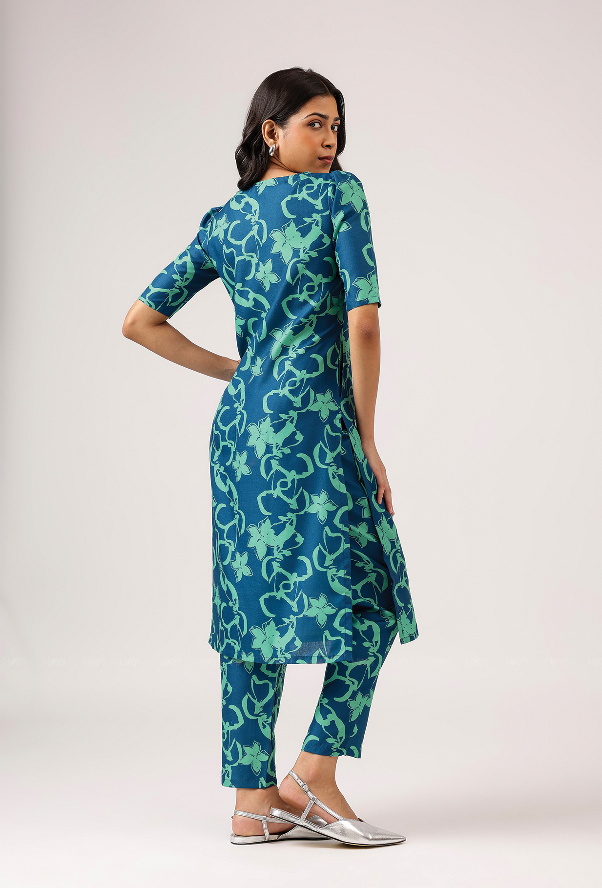 Cyan Teal Blue with Turquoise Petals printed Linen Blend Co ord set