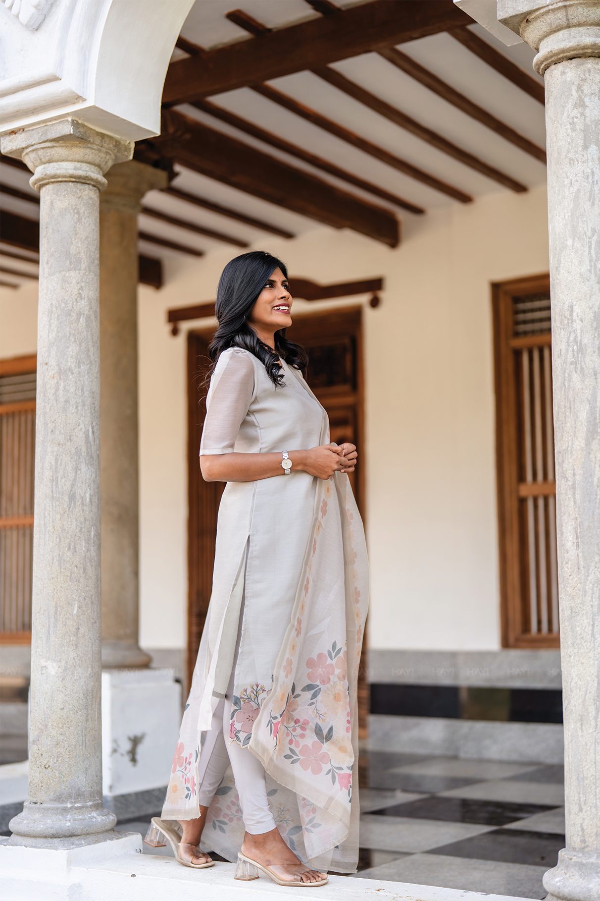 Silver Blossom 3 Piece Silk Blend Hand Embroidery Kurta with leggings & Dupatta