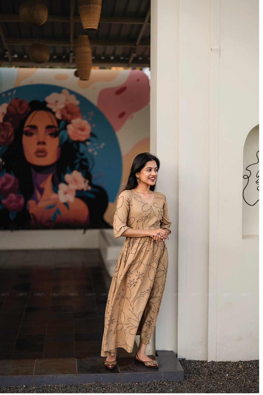 Lil Breeze Beige Viscose Dress with V-Neck & 3/4th Sleeves