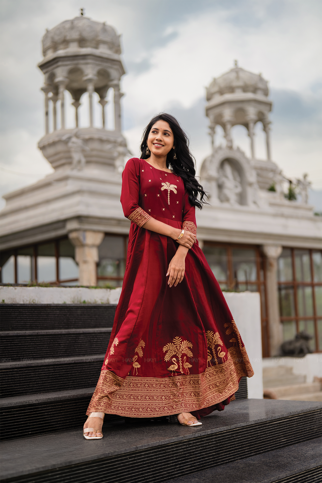 Palm Lustre Deep Red Viscose Placement Print Embroidered Anarkali with Round Neck & 3/4th Sleeves