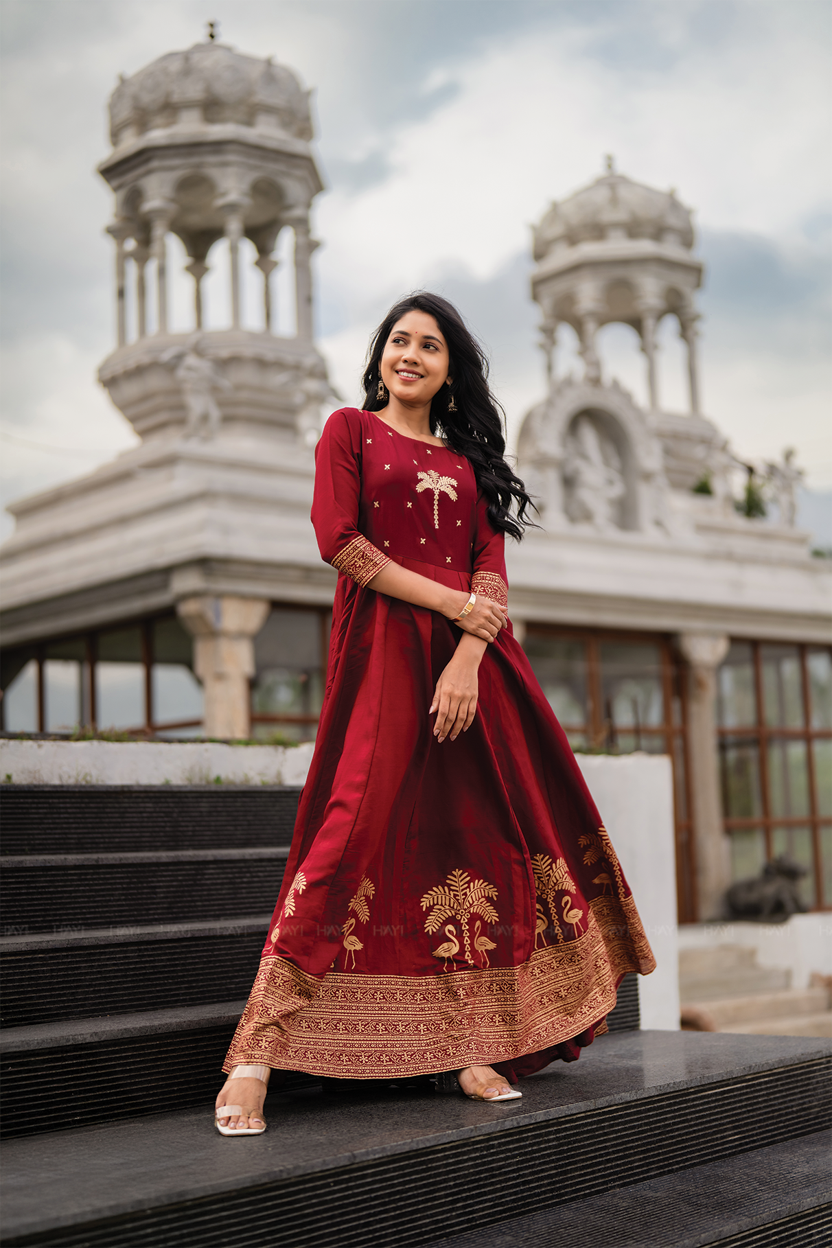 Palm Lustre Deep Red Viscose Placement Print Embroidered Anarkali with Round Neck & 3/4th Sleeves
