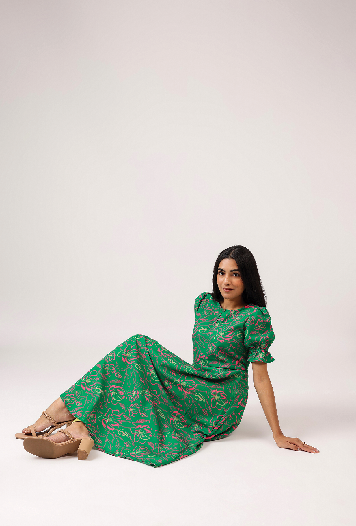 Ornate Green with Luminous Glimmer printed Cambric Blend Dress