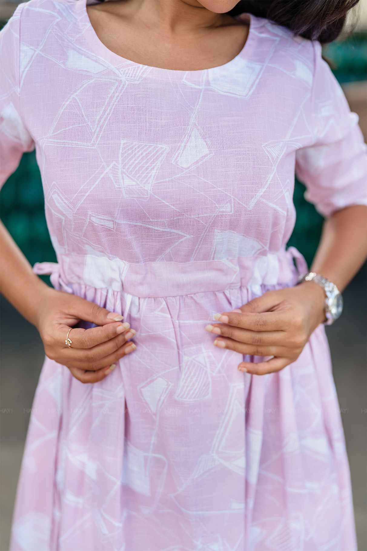 Soft Focus Light Pink Cotton Blend Dress with Round Neck & Fabric Rope Tie