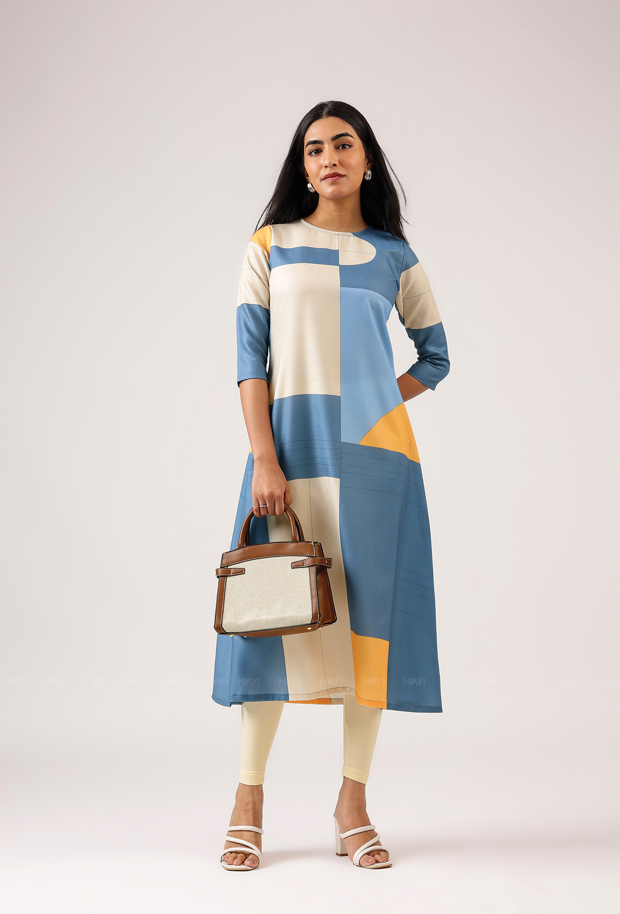 Cubed Blue with Grid Maze printed Linen Blend A-line Dress