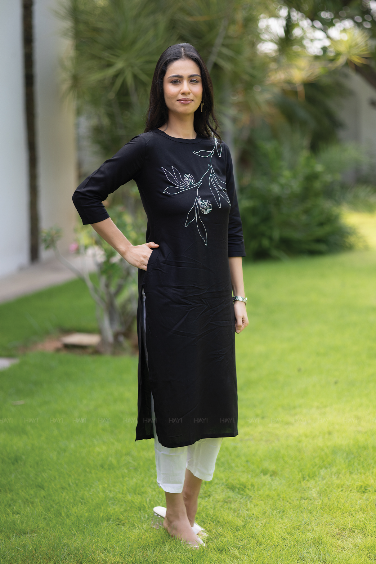Dusk Noir Black Viscose Kurti with Closed Neck & 3/4th Sleeves