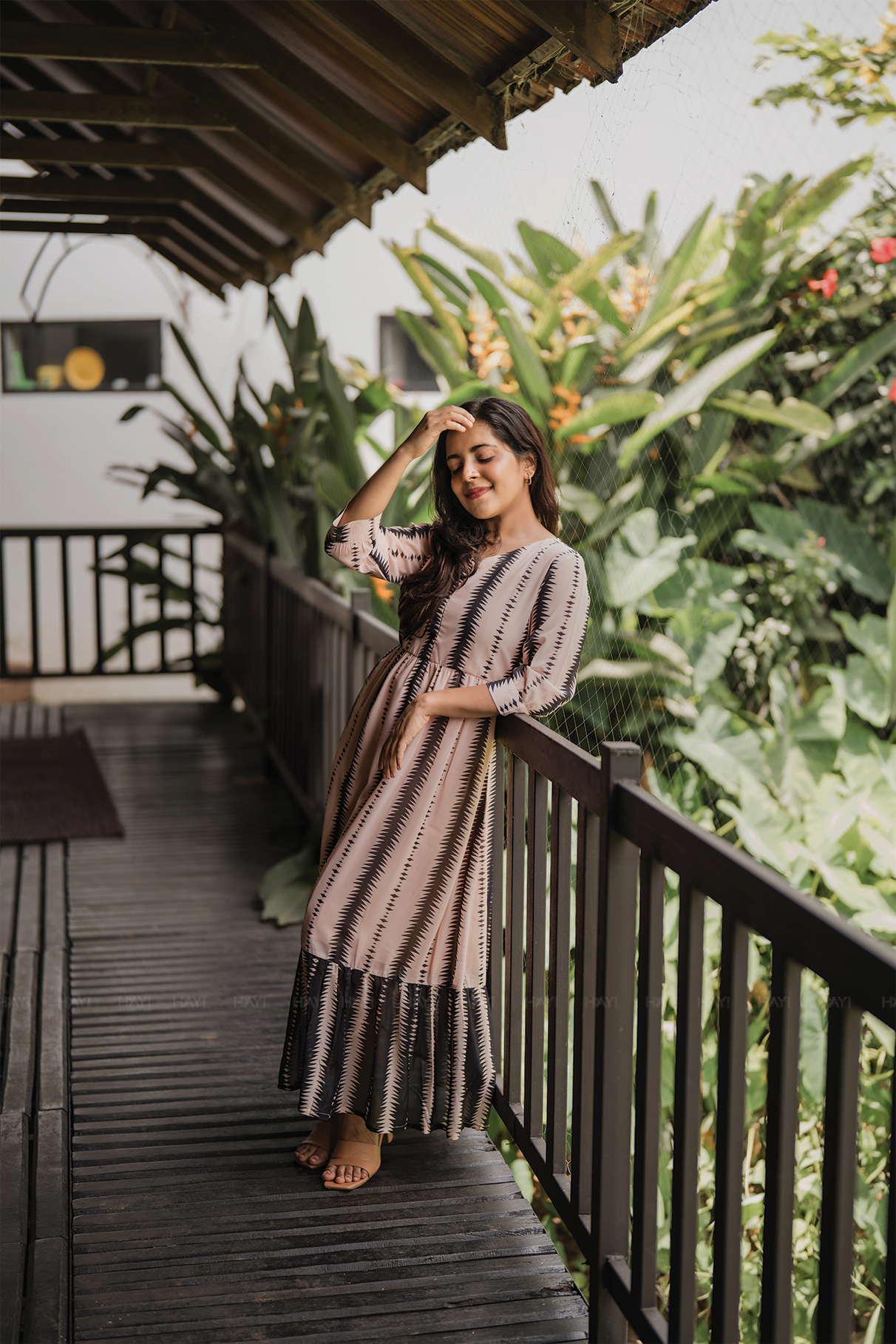 Fall Beige with Timeless Rhythm Printed Maternity and Feeding Lux Georgette Dress