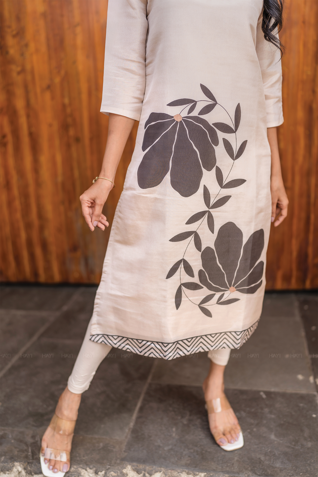 Petalcurve Classic Cream Printed 3 Piece Shimmer Tissue Kurti Set with Dupatta