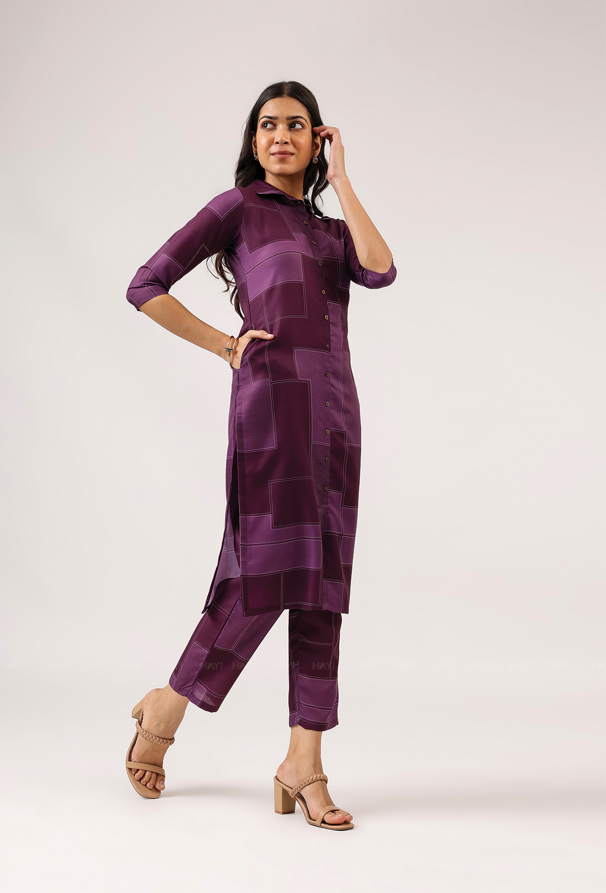 Tangy Plum with Nightshade Whisper printed Linen Blend Co ord set