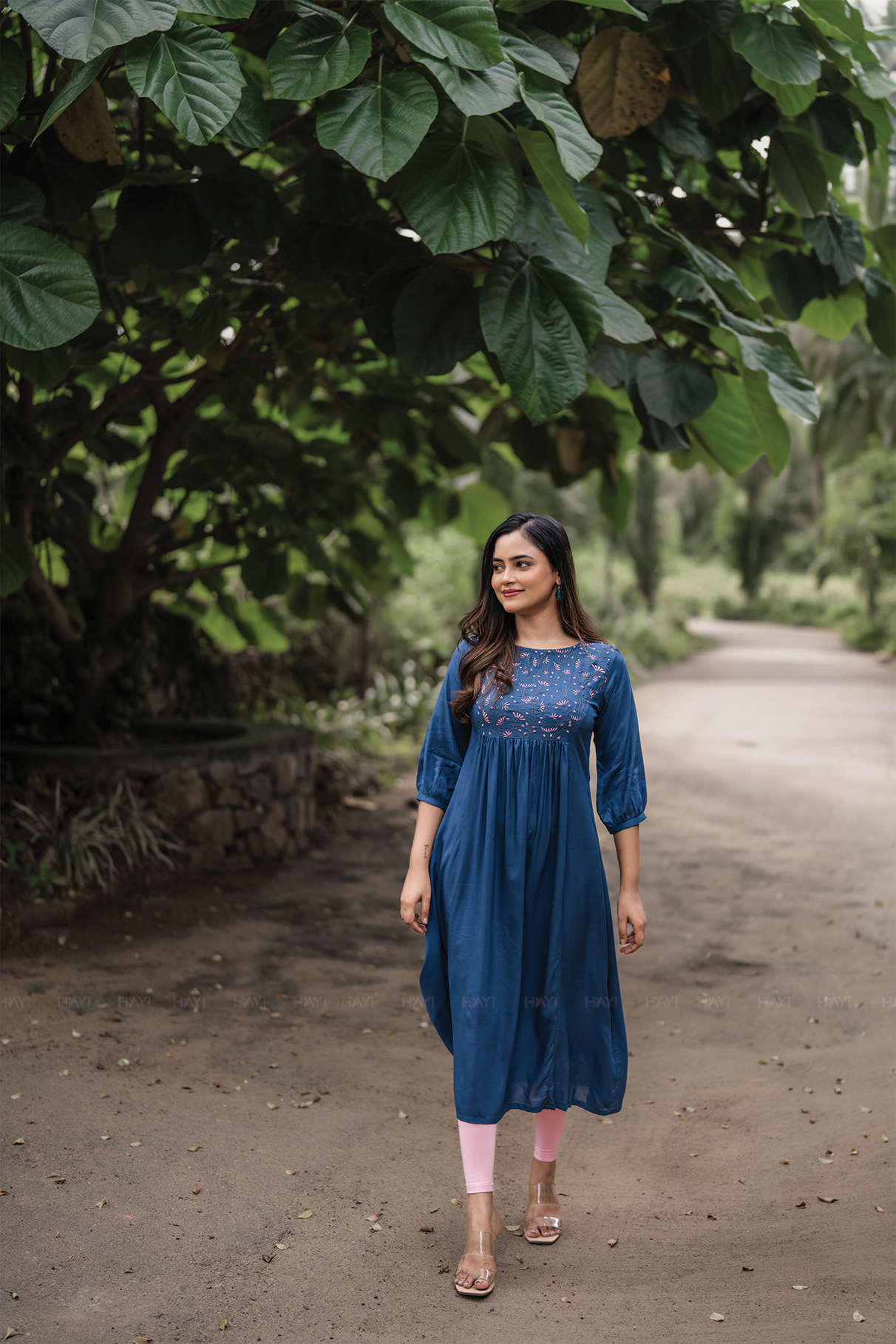 Midtown Minimal Blue Viscose Dress with Close Neck and Embroidery