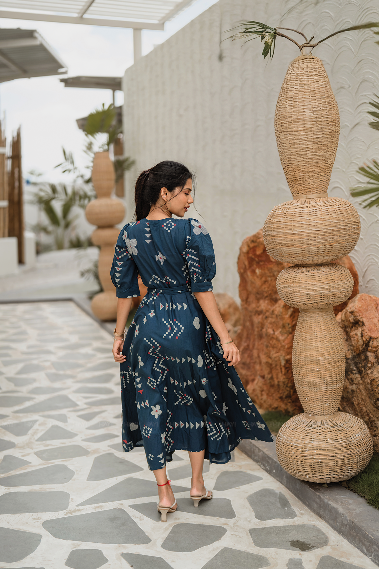 Navy Wrap Cotton Dress with V-Neckline Wraparound Style