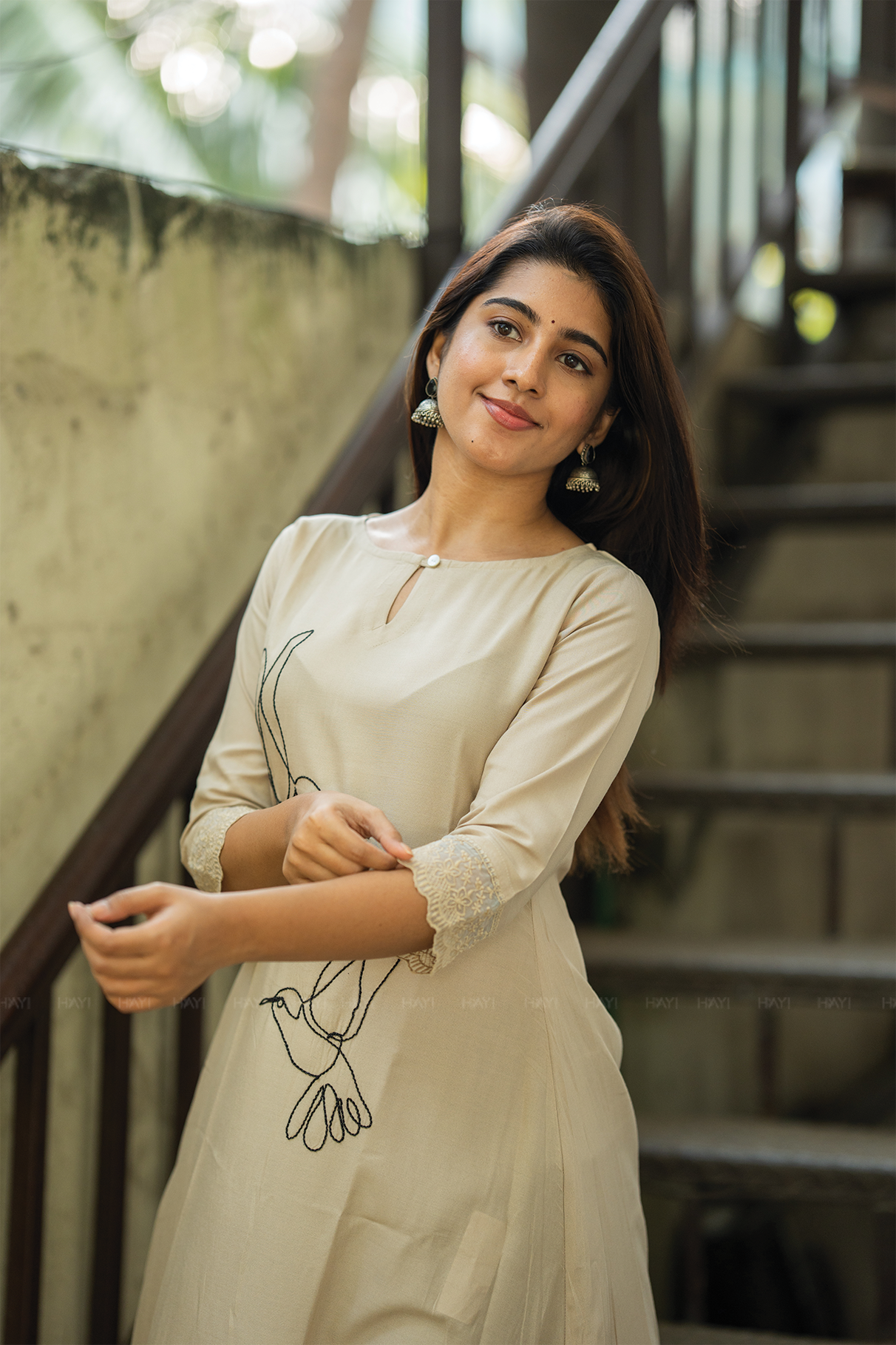 Nira Feather Beige Viscose Embroidered A-Line Kurta with Boat Neck and 3/4 Sleeves