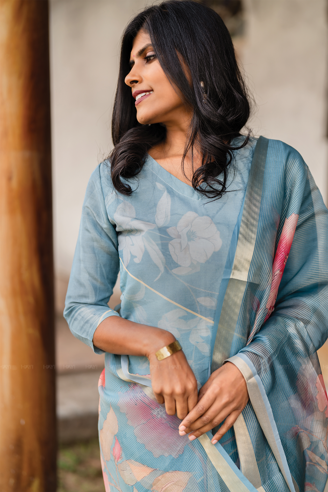 Blush Horizon Blue 3 Piece Shimmer Tissue Blend Floral Placement Print Kurta with Pant & Dupatta