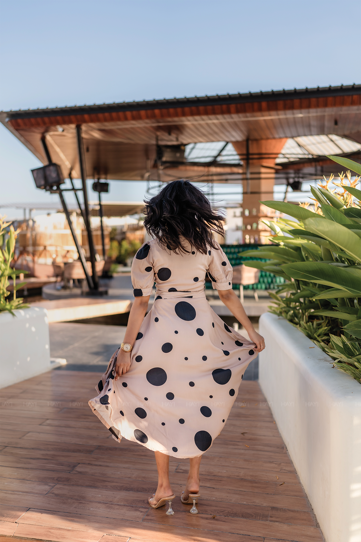 Desert Bubble Beige Viscose Wrap Dress with V-Neckline & Light Puff Sleeves