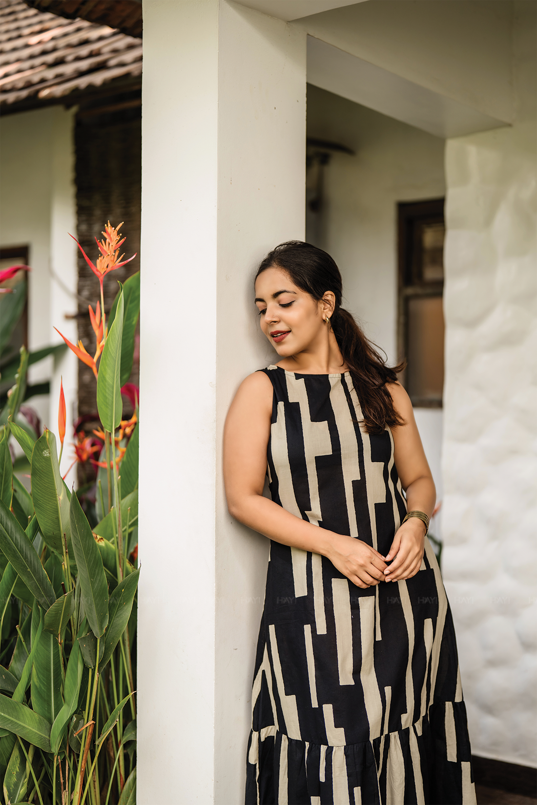 Elegance Chic Black Viscose A-line Dress with Boat Neck & Attached 3/4th Sleeves