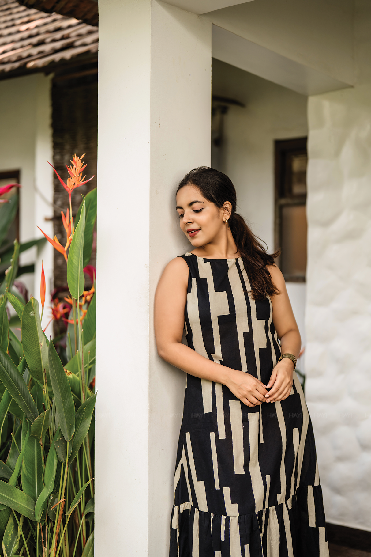 Elegance Chic Black Viscose A-line Dress with Boat Neck & Attached 3/4th Sleeves