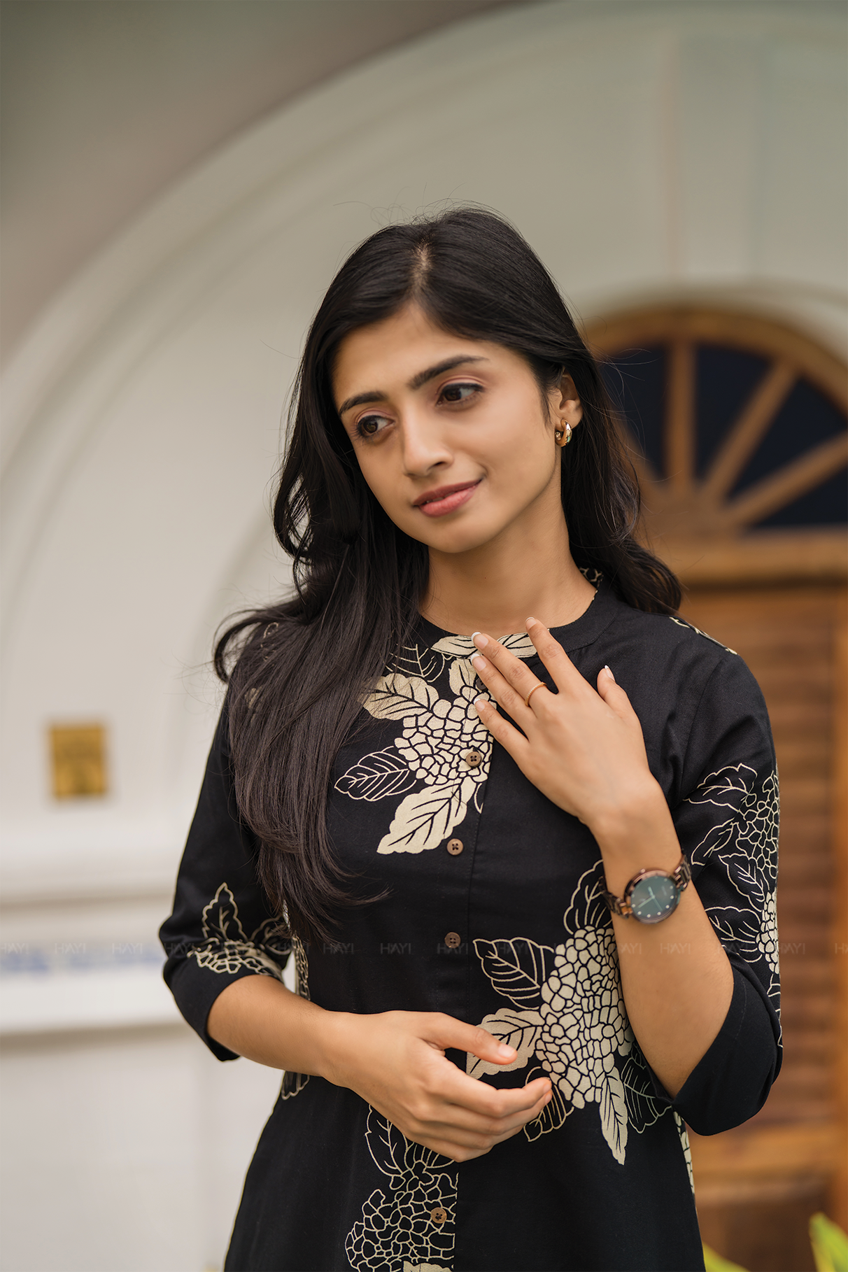 Golden Dusk Black Cotton Flex Co-ord with Chinese Collar & 3/4th Sleeves