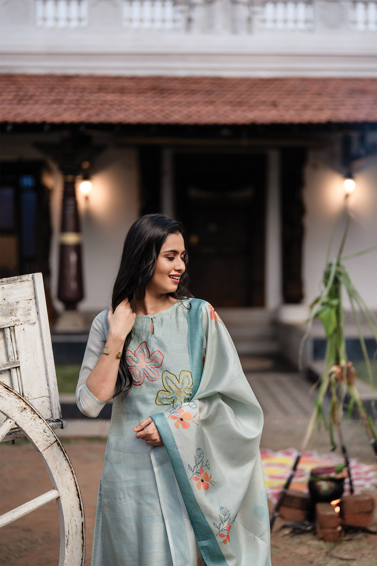 Blueish Blue 3 Piece Tussar Silk Blend Printed Hand-Embroidered Kurta with Pant & Dupatta