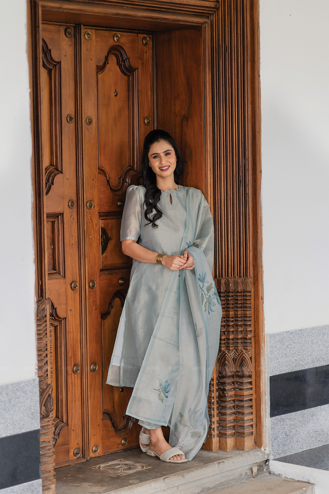 Periwinkle 3 Piece Blue Shimmer Tissue Printed Kurta with Pant & Dupatta