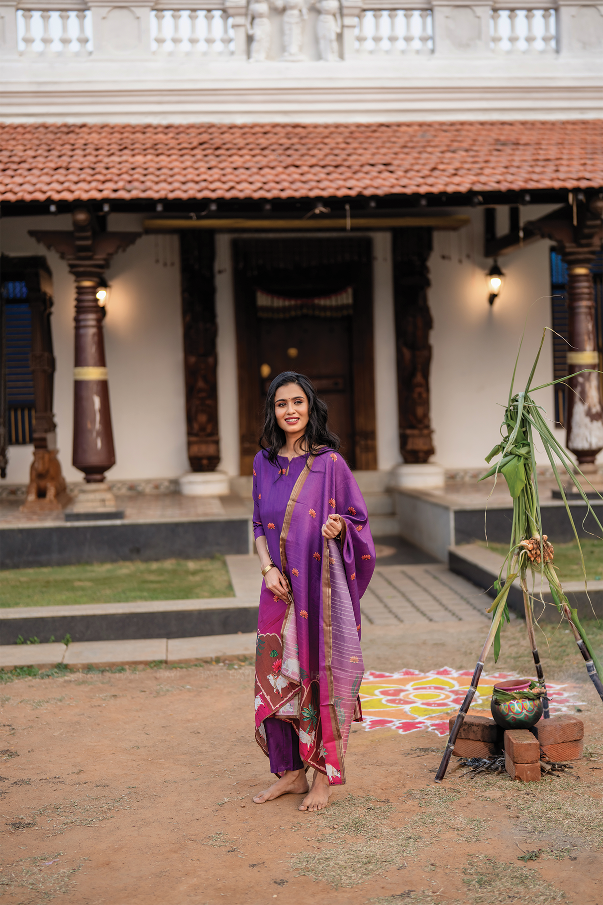 Ivanya Violet 3 Piece Tussar Silk Blend Printed Kurta with Pant & Dupatta